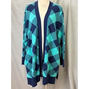 Lands End Womens 3X Plaid Open Front Long‎ Sleeve Cardigan Sweater Aqua Navy